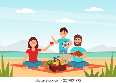 Familia feliz haciendo picnic en el parque de la ciudad. Mamá, papá e hijo relajándose en la naturaleza. Vector de dibujos animados para padres y niños que pasan buen tiempo al aire libre