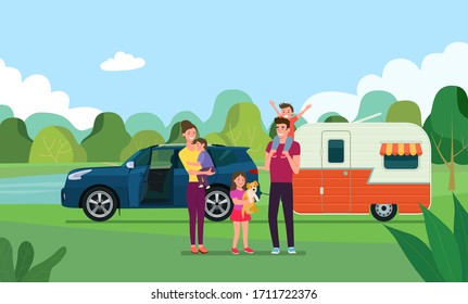 Happy family having picnic in the forest. Vector flat illustration.