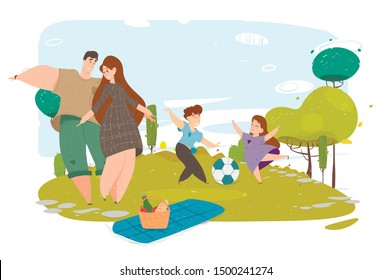 Happy Family Having Picnic Meal Outdoors in Park. Parents and Children Playing and Having Fun Open Air, Basket with Food Stand on Blanket on Grass. Kids Play with Ball Cartoon Flat Vector Illustration