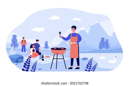 Happy family having picnic in mountains. Man in apron grilling meat near lake with swans flat vector illustration. Outdoor activity, holiday, picnic concept for banner, website design or landing page