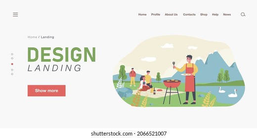 Happy family having picnic in mountains. Man in apron grilling meat near lake with swans flat vector illustration. Outdoor activity, holiday, picnic concept for banner, website design or landing page