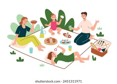 Happy family having picnic outdoors, vector doodle illustration of parents and children sitting on blanket, eating sandwiches, relaxing in nature, picnic basket icon, summer activity