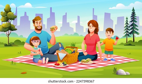 Happy family having a picnic in the park. Dad, mom, son, and daughter are resting together in nature vector illustration