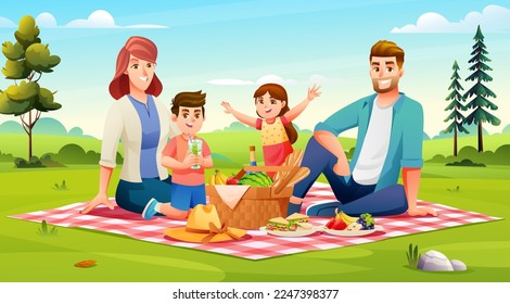 Familia feliz haciendo un picnic en el parque. Papá, mamá, hijo, hija descansan juntos en la ilustración de los vectores naturales