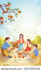 A happy family having a picnic together in spring