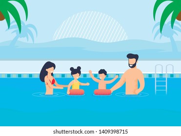 Happy Family Having Rest in Swimming Pool Cartoon. Mother and Father Help Children Swim in Inflatable Circles. Recreation at Hotel. Vacation in Hot Tropical Country. Vector Flat Illustration