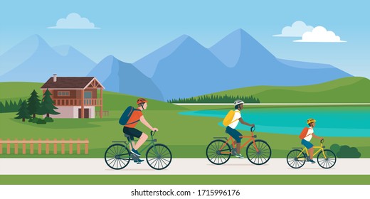 Happy family having a safe travel cycling in nature, social distancing and healthy vacations concept