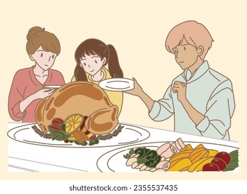 Happy family having Thanksgiving, Christmas, festive meal together. Father, mother, daughter sitting, holding plate, serving food at the table. Hand drawn flat cartoon character vector illustration.