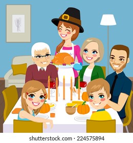 Happy family having thanksgiving dinner together with mom serving traditional roasted turkey. Thanksgiving's day celebration concept