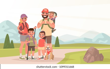 Happy family and hiking. Father, mother and children are traveling through the mountains. Trekking to nature. Vector illustration in cartoon style