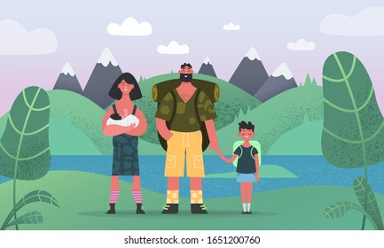 Happy family hiking. Father, mother boy children and baby  breastfeedingare traveling through the mountains. Family and kids in outdoor mountain landscape. Trekking to nature, travel and tourism
