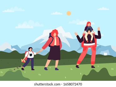 Happy family and hiking. Father, mother and children travel in the mountains. Trekking with backpacks in the forest and in the mountains. Campaign to nature. Vector illustration in cartoon style.
