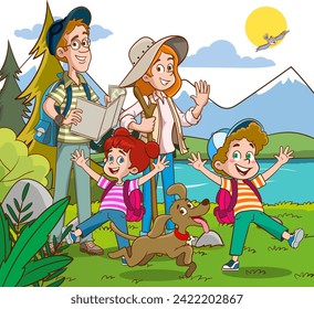 Happy family and hiking. Father, mother and children travel in the mountains. Hike to nature. Vector illustration in cartoon style