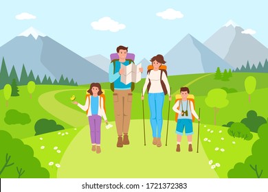 Happy family hiking mountain landscape cartoon people. Father, mother and children traveling. Summer outdoor activities, walk in nature. Beautiful meadow, people travel, tourism. Vector illustration.