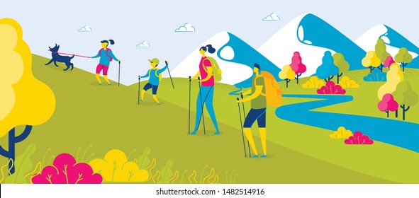 Happy Family Hiking in Mountains. Backpackers Climbing Hill. Sporty Family Trekking with Sticks. Mother, Father and Children. Son Holds Dog. Summer Vacation. Active Recreation. Vector