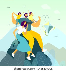 Happy family hiking in mountains with binoculars and leading healthy lifestyle. Bright flat style picture for blogs, and social media, greeting cards, posters, prints. Family travel tours advertising