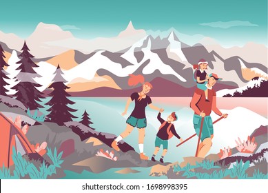 Happy Family Hiking Nature. Father, Mother and Children are Traveling Through the Mountains in Outdoor Mountain Landscape. Holiday Summer Adventure in Camping. Vector Illustration in Cartoon Style