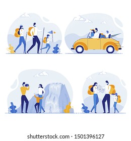 Happy Family Hiking and Spending Time Outdoors Actively. Father, Mother and Child traveling Flat Cartoon Vector Illustration. Trekking to Nature. Driving Car, Taking Photo on Waterfall Background.