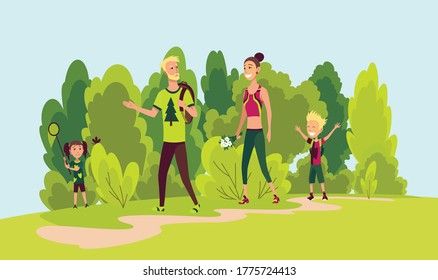 Happy family hiking. Summer trekking outdoor