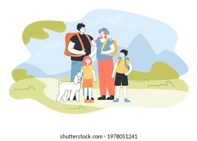 Happy family hiking together outdoors. Flat vector illustration. Mother, father, children with dog walking in mountain landscape. Family holiday, summer, adventure, nature, tourism concept for design