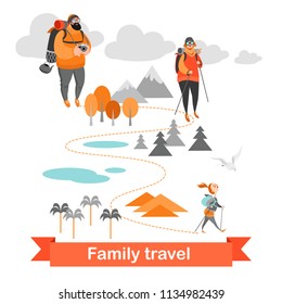 Happy family hiking together. People in the background of the landscape. Vector illustration on white background.