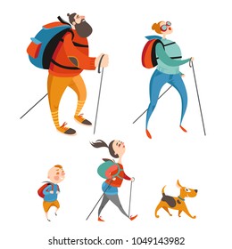 Happy family hiking together. Vector illustration on white background.