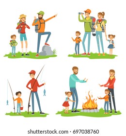 Happy family hiking. Travelling children with their parents. Illustrations of camping and road trip