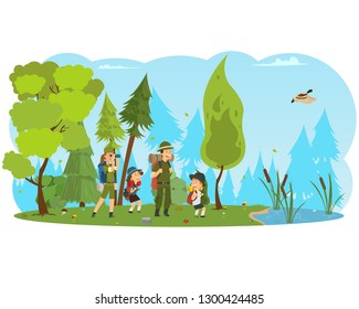 Happy family and hiking. Trekking to nature. Dad, mom and kids went on an adventure into the forest. Vector illustration in flat style.