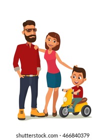 Happy family. Hipster parents and child on a tricycle. Color vector illustration isolated on white background.