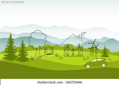 Happy family history. The concept of ecology. Environmentally friendly world. Nature. Landscape. Mountains. Vector illustration template design. Doodle.