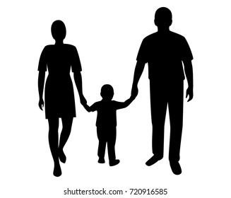 Happy Family Hold Hands Walking Together With Child. Family Icon Silhouette Vector Illustration Isolated on White Background.

