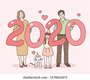 Happy Family Holding A 2020 Number Card In Their Hand And Smiling Cute Rats Are Also With Them. Hand Drawn Style Vector Design Illustrations. 