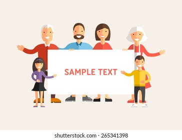 Happy Family Holding a Banner. Flat Design Vector Illustration