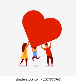 Happy family holding a big red heart. Love concept. Vector illustration