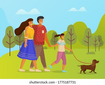 Happy family holding each other's hand, hugging, walking together outdoor with small dog along the forest road summer day. Mother, father and daughter family weekend and walks with pet in summer park