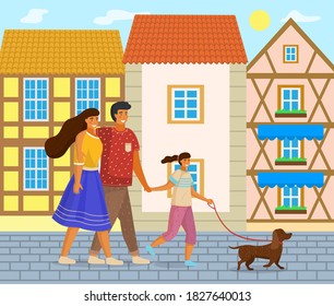 Happy family holding each other's hand, hugging, walking down the city street together outdoor with small dog summer day. Mother, father and daughter family weekend and walks with pet in sunny weather