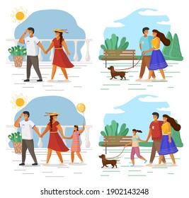 Happy family holding each other's hand, hugging, walking together outdoor with small dog along the seafront sunny day. Mother, father and daughter family weekend, people walk with pet in summer park