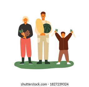 Happy family holding fruits and vegetables. Farmers with watermelon, melon, carrots and potato. Seasonal agricultural work, harvesting. Flat vector cartoon illustration isolated on white background.
