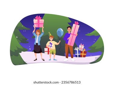 Happy family holding gift boxes. Celebrate Merry Christmas and New Year holiday. Excited people posing with present surprise near christmas tree in the forest in the snow. Cartoon vector illustration