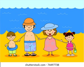 happy family holding hands in bathing suits at sea