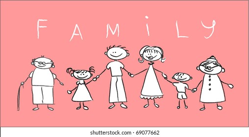 Happy family holding hands, Hand drawing