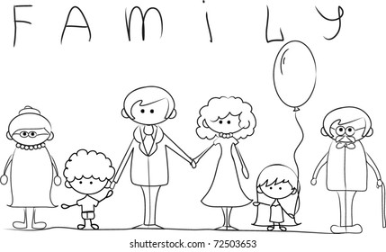 Happy family holding hands Hand drawing Isolated on white background