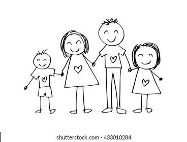 Happy family holding hands and smiling. Hand drawing illustration.