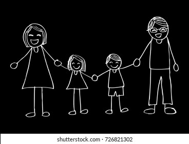 Happy family holding hands and smiling. Hand drawing illustration.