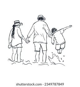 Happy family holding hands together on the beach. Travel and vacations hand drawn ink sketch concept, line drawing vector vintage illustration