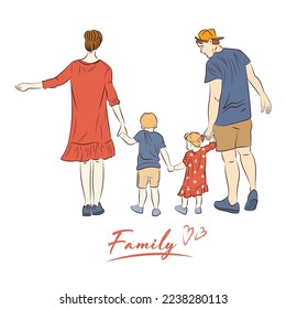 Happy family holding hands walking illustration minimalism line art style