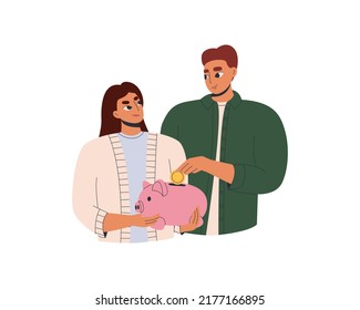 Happy Family Is Holding A Piggy Bank Of Wealth Management. Сommon Budget Planning, Parents Savings Funds, Family Banking And Investment. Finance And Savings Concept. Flat Illustration.