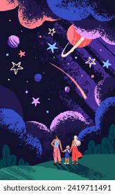 Happy family holds hands, looks up at starry sky. People with kid are on nature, outdoors. Universe view: planets, constellations, stars. Night landscape. Dreaming concept. Flat vector illustration