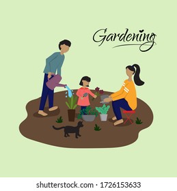 Happy family holiday activity during a stay at home parent at backyard planting and watering plants with children. gardening design concept. vector illustration