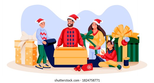 Happy family in holiday costumes packing Christmas gifts. Father, mother, son, daughter preparing for New Year celebration. Vector flat cartoon illustration. Family lifestyle and fun time at home